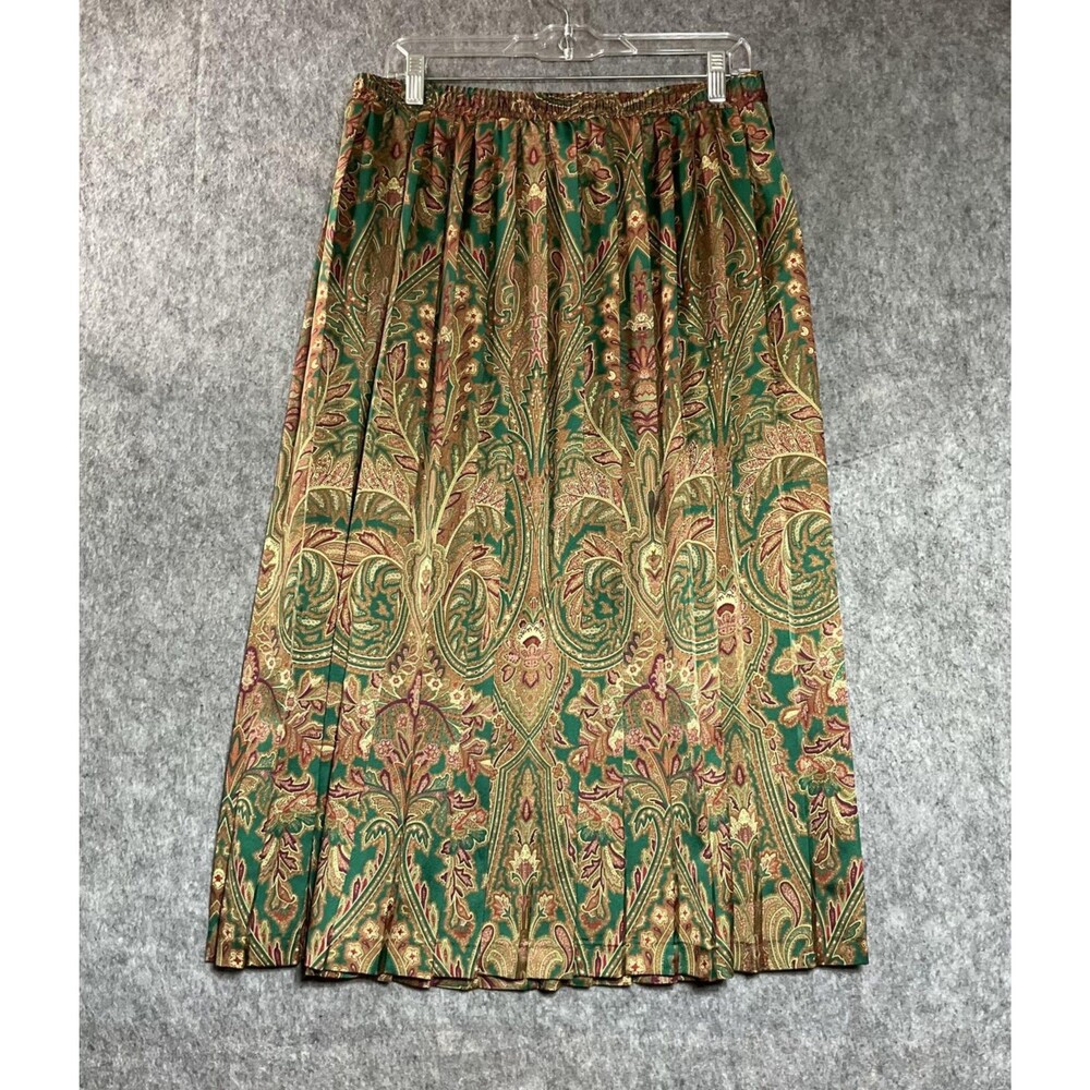 Vintage Skirt Women Large Green Paisley Pleated Long Pull On Work Union Made USA